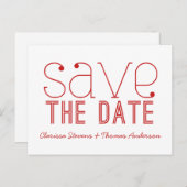 トレンディータイポグラフィ日付はがきを保存する、赤 案内ポストカード (正面/裏面)