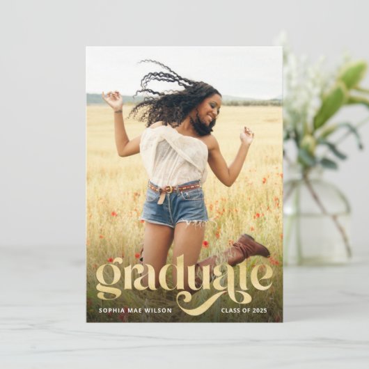 トレンディータイポグラフィ金ゴールドオーバーレイフォトグラッドパーティー 招待状 (スタンド正面)