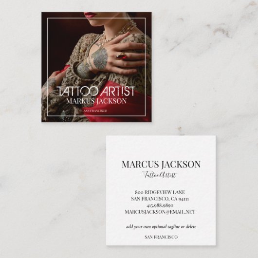 トレンディータトゥーアーティストホワイトタイポグラフィ写真 スクエア名刺 (正面/裏面)