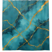 トレンディーターコイズブルー金ゴールドマーブルコレクション シャワーカーテン (正面)