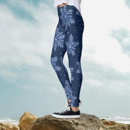 トレンディーダークブルーナイトウィンタースノーフレークパターン レギンス