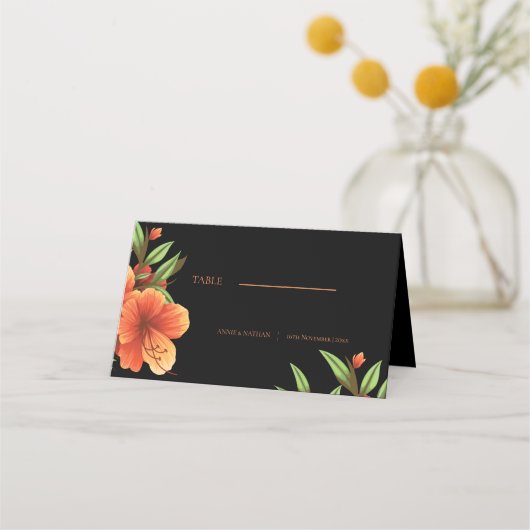 トレンディーダークムーディオレンジ結婚フローラ プレイスカード (正面)