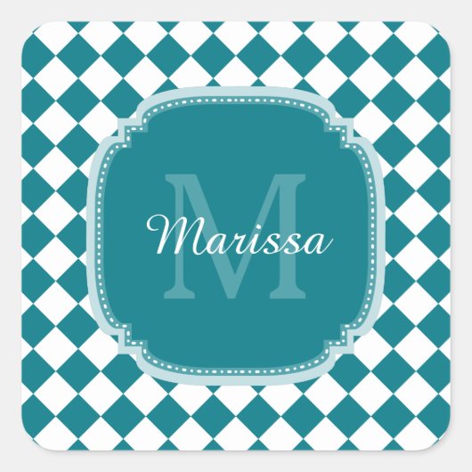 トレンディーティール（緑がかった色）とホワイトチェッモノグラムのク名 スクエアシール (正面)
