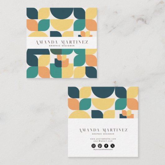 トレンディーティール（緑がかった色）イエロージオメトリックパターンソーシャルメディア スクエア名刺 (正面/裏面)