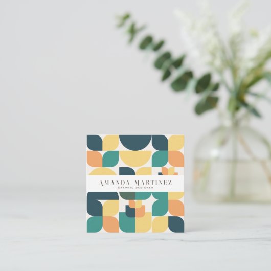 トレンディーティール（緑がかった色）イエロージオメトリックパターンソーシャルメディア スクエア名刺 (スタンド正面)