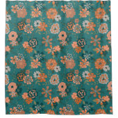 トレンディーティール(緑がかった色)オレンジパターンつる植物フラワー シャワーカーテン (正面)