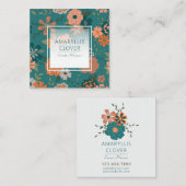 トレンディーティール(緑がかった色)オレンジパターン(の模様が)あるつる植物と花 スクエア名刺 (正面/裏面)