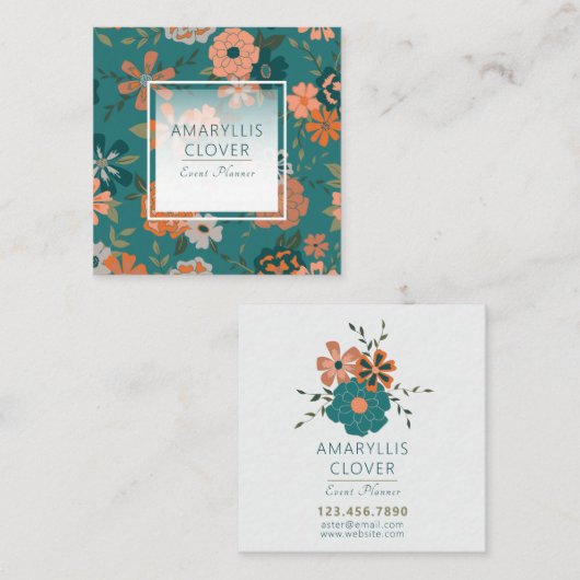 トレンディーティール(緑がかった色)オレンジパターン(の模様が)あるつる植物と花 スクエア名刺 (正面/裏面)