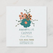 トレンディーティール(緑がかった色)オレンジパターン(の模様が)あるつる植物と花 スクエア名刺 (裏面)