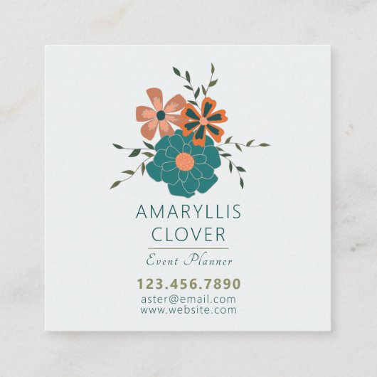 トレンディーティール(緑がかった色)オレンジパターン(の模様が)あるつる植物と花 スクエア名刺 (裏面)
