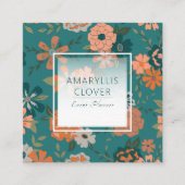 トレンディーティール(緑がかった色)オレンジパターン(の模様が)あるつる植物と花 スクエア名刺 (正面)