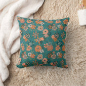 トレンディーティール(緑がかった色)オレンジフラワー クッション (ブランケット)