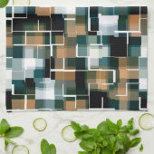 トレンディーティール(緑がかった色)オレンジブラウン白黒プレイド キッチンタオル (折り畳み)