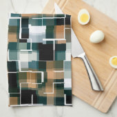 トレンディーティール(緑がかった色)オレンジブラウン白黒プレイド キッチンタオル (四つ折り)