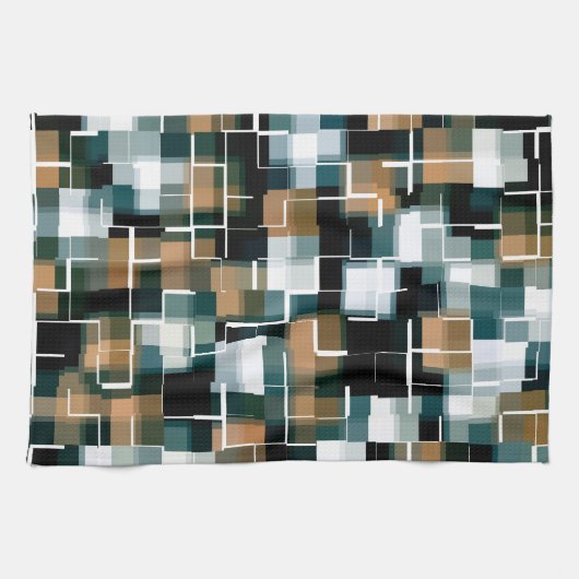 トレンディーティール(緑がかった色)オレンジブラウン白黒プレイド キッチンタオル (横)