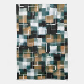 トレンディーティール(緑がかった色)オレンジブラウン白黒プレイド キッチンタオル (縦)