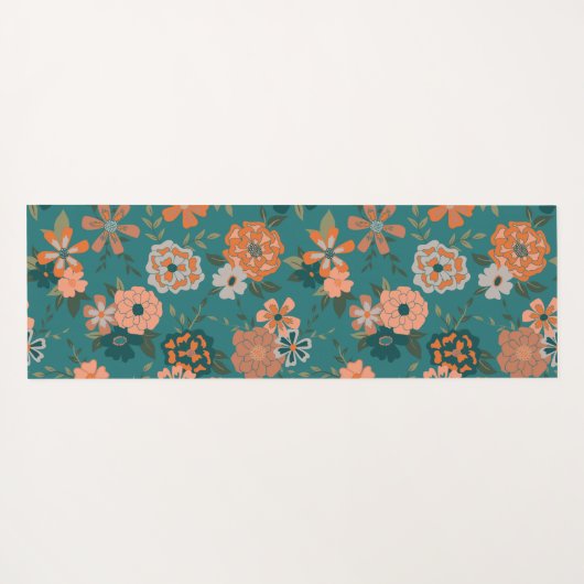 トレンディーティール（緑がかった色）オレンジ模様花とつる植物 ヨガマット (裏面(横))