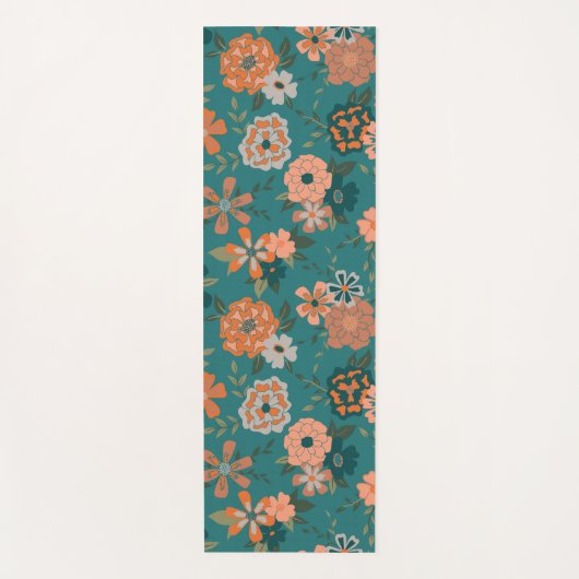 トレンディーティール（緑がかった色）オレンジ模様花とつる植物 ヨガマット (正面)