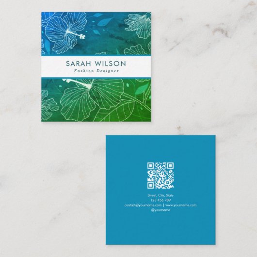 トレンディーティール(緑がかった色)グリーンホワイトハイビスカスフラワーズQRコード スクエア名刺 (正面/裏面)