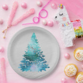 トレンディーティール（緑がかった色）シルバーグリッターツリークリスマス ペーパープレート (パーティー)