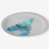 トレンディーティール（緑がかった色）シルバーグリッターツリークリスマス ペーパープレート (アングル)