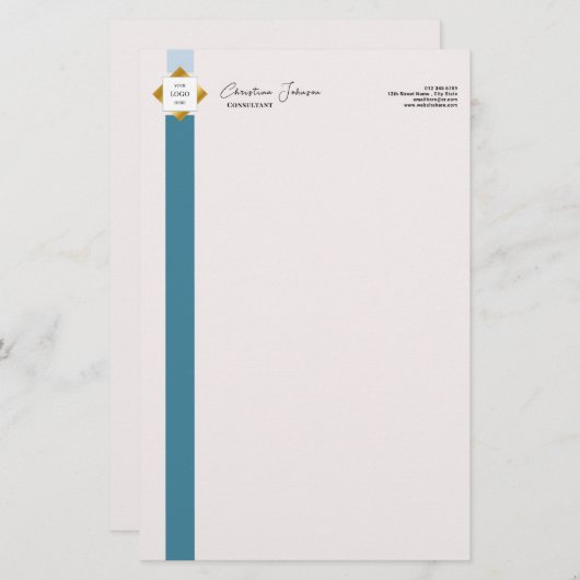 トレンディーティール（緑がかった色）ストライプ金ゴールドロゴ 便箋 (正面/裏面)