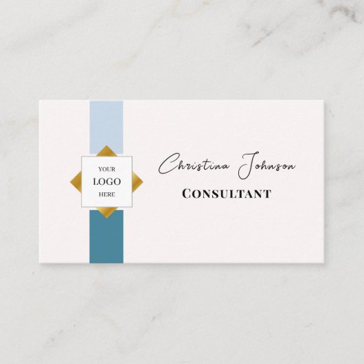 トレンディーティール(緑がかった色)ストライプ金ゴールドロゴ 名刺 (正面)