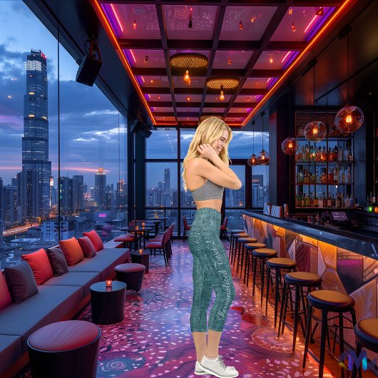 トレンディーティール（緑がかった色）テクスチャデニム：ロゴと文字のパーソナライズ カプリレギンス