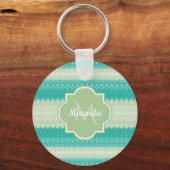 トレンディーティール（緑がかった色）ネオミントグリーンニットパターンアンドネーム キーホルダー (正面)