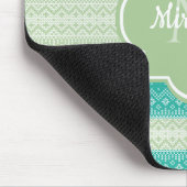 トレンディーティール(緑がかった色)ネオミントグリーンニットパターンアンドネーム マウスパッド (コーナー)