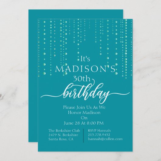 トレンディーティール（緑がかった色）ビーズ誕生会 招待状 (正面/裏面)