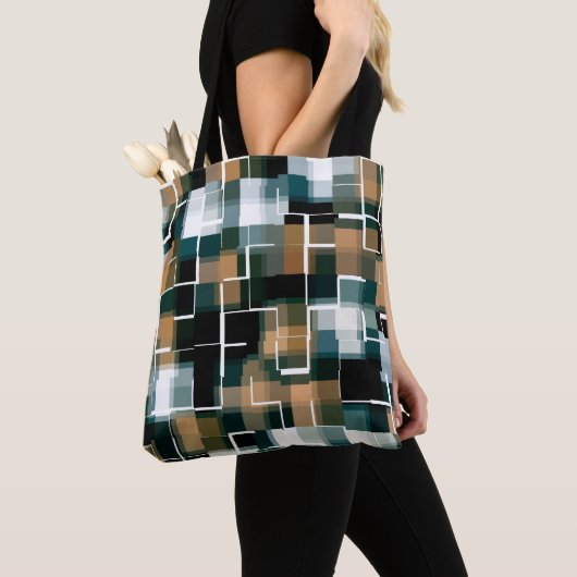 トレンディーティール(緑がかった色)ブラウン白黒プレイド トートバッグ (クローズアップ)