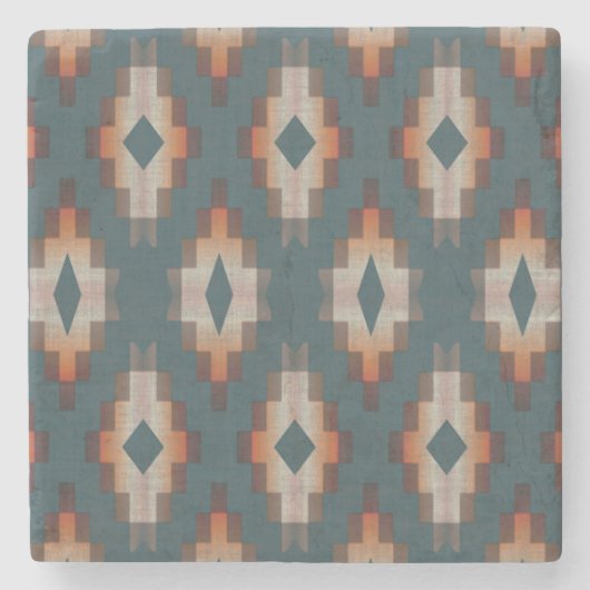 トレンディーティール(緑がかった色)ブルーオレンジダークブラウングレートライバルアート ストーンコースター (正面)