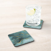 トレンディーティール(緑がかった色)ブルー金ゴールドアゲートジオードマーブルモノグラム コースター (右側)