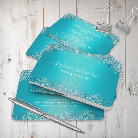 トレンディーティール（緑がかった色）ホログラフィックグリッターヘアメイクアップサロン 名刺