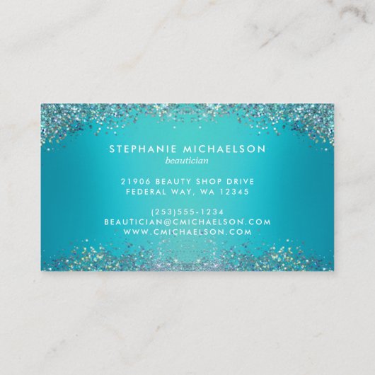 トレンディーティール（緑がかった色）ホログラフィックグリッターヘアメイクアップサロン 名刺 (裏面)