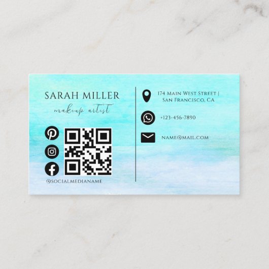 トレンディーティール（緑がかった色）水彩ブラッシュストロークメイクアップアーティスト 名刺 (裏面)
