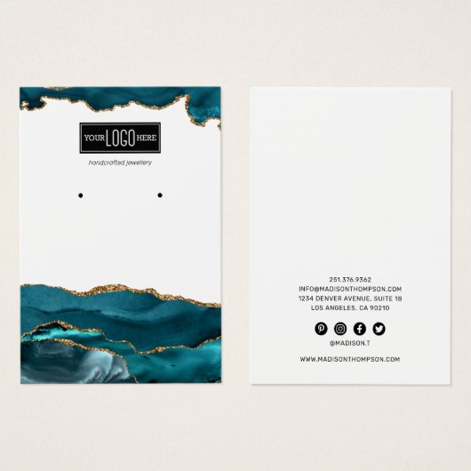 トレンディーティール(緑がかった色)&金ゴールド瑪瑙イヤリングディスプレイ (正面&裏面)