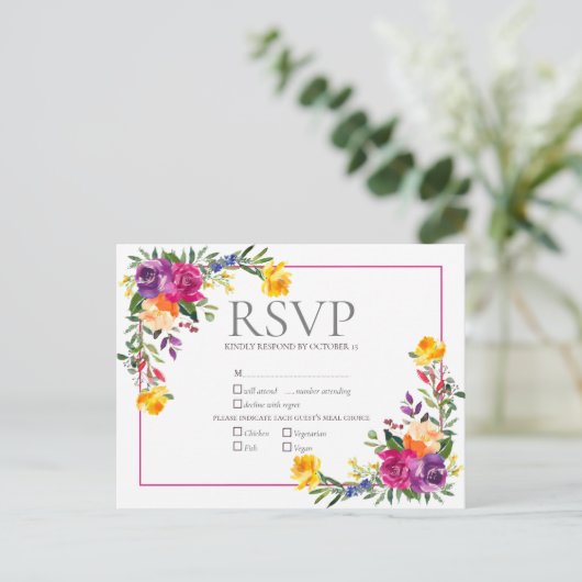 トレンディーテクニカラーボホフローラウェディングRSVP インビテーションポストカード (スタンド正面)