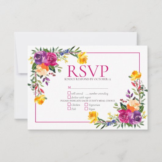 トレンディーテクニカラーボホフローラウェディングRSVP 出欠カード (正面)