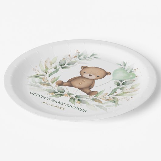 トレンディーテディベアグリーンリースセージ風船 ペーパープレート (アングル)