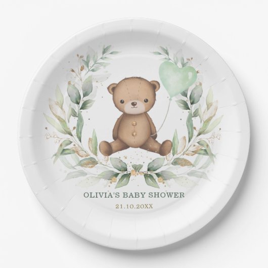 トレンディーテディベアグリーンリースセージ風船 ペーパープレート (正面)