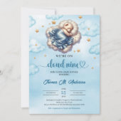 トレンディーテディベア雲9男の子ベビーシャワー 招待状 (正面)