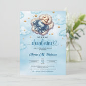 トレンディーテディベア雲9男の子ベビーシャワー 招待状 (スタンド正面)