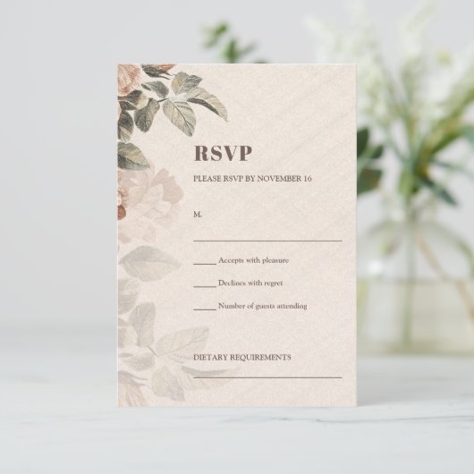 トレンディーテラコッタの花の緑の葉 出欠カード (スタンド正面)