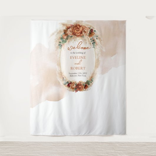 トレンディーテラコッタブルガンディパンパスアーチ背景 タペストリー (正面)