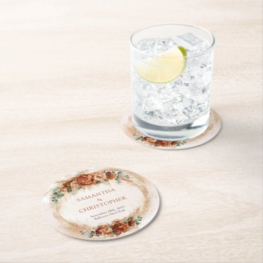 トレンディーテラコッタブルゴーニュの花の緑のアーチ ラウンドペーパーコースター (インサイチュ)