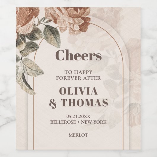 トレンディーテラコッタ花セージ茶色のウエアーチ ワインラベル (シングルラベル)