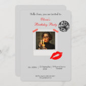 トレンディーディスコのポラロイドフレームと赤い唇の誕生日 招待状 (正面/裏面)