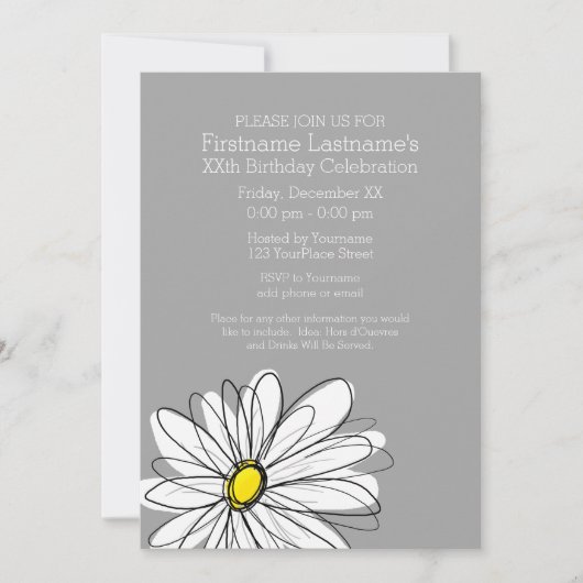 トレンディーデイジーと灰色の黄色の誕生日パーティー 招待状 (正面)